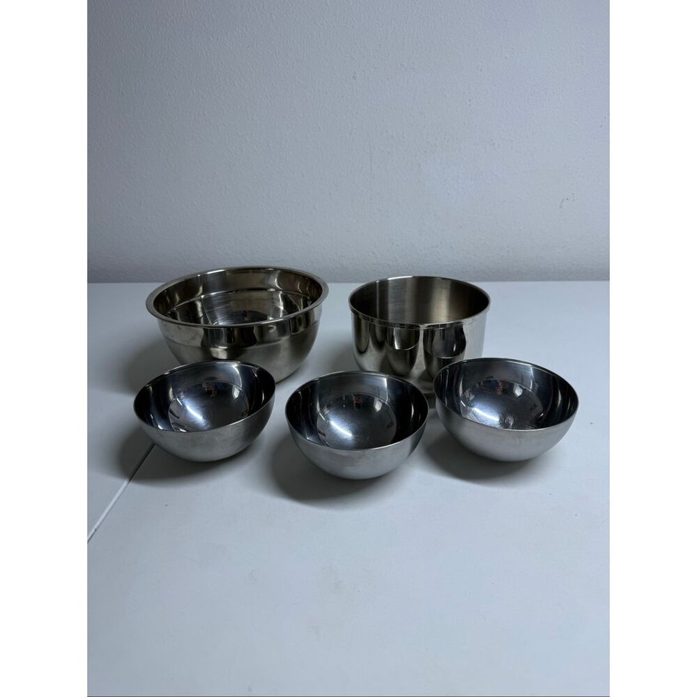 Set of 5 Stainless Steel Mixing Bowls 3 IKEA + 2 Unbranded Nesting Kitchen Bowls